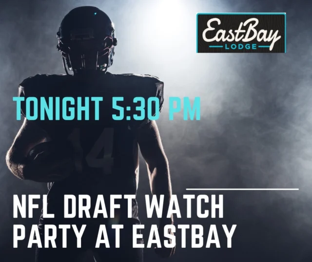🏈 NFL Draft Party Tonight! 🏈
It all kicks off at 5:30PM on the big screens in the Sports Bar.

Be here… or pretend you like watching it at home.
Eastbay Lodge. Cold drinks, hot picks, no regrets.