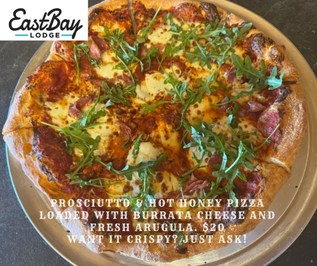 🍴🔥 Just like every Thursday… starting tonight at Eastbay! 🔥🍴

We’re serving up this week’s mouthwatering specials from Thursday through Sunday, and you’re going to want a seat at the table:

🍕 Weekly Pizza Special:
Our Prosciutto & Hot Honey Pizza — layered with burrata cheese and a fresh hit of arugula — is pure sweet, savory, spicy perfection.

$20 for this flavor bomb.

NEW: All pizzas are made traditional style, but if you’re craving that extra crunch, you can now request your pizza extra crispy! 🔥🍕

🍽️ Weekly Dinner Feature:
Dig into our Pan-Seared Stuffed Pork Chop, filled with savory goodness, served with Yukon mashed potatoes, grilled asparagus, and finished with a luscious apple demi-glaze.
 $28.00 while it lasts.
Comfort food, Eastbay-style.

🌟 Specials available Thursday–Sunday from 4PM in our Premium Dining Room and Craft Cocktail Bar.
Come hungry, stay happy — it’s what we do.