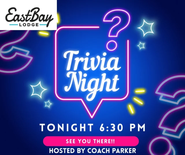 TONIGHT: Trivia is ON at Eastbay! 🧠🍻
Coach Parker is back on the mic, so grab your crew and flex those fun facts.

TOMORROW: Lakeside Locals #54745 Union Meeting 🪧🎉
We’re kicking off our summer cornhole tournament, slingin’ $12 pizzas and $3 domestics (dine-in only).

It’s gonna be a whole vibe. Be here.
#EastbayLodge #TriviaNight #LakesideLocals #CornholeKickoff #PizzaAndBeer