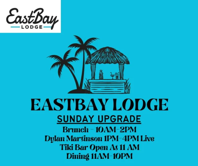 SUNDAY RESET AT EASTBAY
🍳 Brunch 10–2
🎸 Live Music 1–4
🍹 Tiki Bar OPEN
🥓 Bloody Mary Bar = STACKED

Dylan Martinson LIVE
Float in. Fuel up. Vibe out.
Tomorrow is a Monday problem.