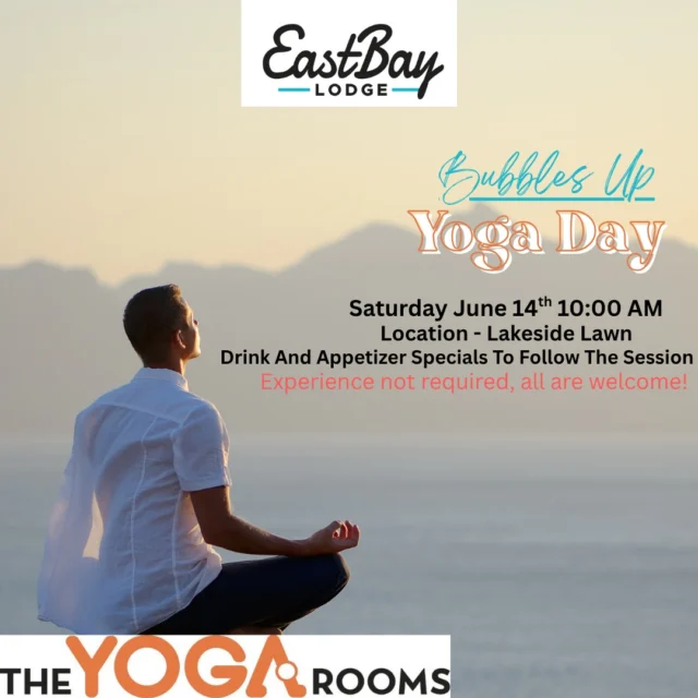 🧘‍♀️ GOOD MORNING FROM EASTBAY
☀️ It’s Saturday. The lake is calling. And it’s officially Yoga Day.

Join us at 10AM for Bubbles Up Yoga, hosted by the incredible Wendy Oberg from The Yoga Room in Eau Claire.
Whether you’re seasoned or just curious — all are welcome.
👉 Don’t forget to bring your mat!

📍 Lakeside Lawn (or indoors if the weather flips)
🌧️ Rain or shine — we’re flowing either way.

🍳 Fuel Up First:
Breakfast served 9–11AM
Stick around after yoga for appetizer and drink specials — because wellness can come with a side of bubbles.

Let’s breathe, stretch, sip, and soak it all in.

#BubblesUpYoga
#HostedByWendyOberg
#TheYogaRoom
#BringYourMat
#EastbayEvolved
#TheBayIsThePlaceToPlay