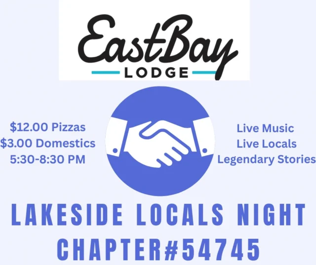 🎯 LAKESIDE LOCALS UNION IS BACK TOMORROW NIGHT
Thursday • Starting at 5:30PM
If your ID says #54745, your table’s waiting.

This one’s for the regulars. The ones who know how to find a dock spot in the dark and can smell a storm before the radar does.
The ones who’ve been coming here long before the GPS told you where to turn.

🍕 LOCAL LOVE SPECIALS:

16" Sausage & Bacon Pizza – just $12

Domestics – ice cold at $3

No gatekeeping. No wristbands. No fluff.

🎶 Live Music from EMMK | 5:30–8:30PM
A Saturday-night closer playing a Thursday-night set — just for you.
Laid-back, lakeside, and a little soulful. She’s a special one.

🪑 No reservations. No rush. Just come as you are.
Because Thursdays at Eastbay aren’t just another night —
they’re a hometown ritual.

📍 Holcombe, WI
#LakesideLocalsUnion
#54745Strong
#PizzaAndPride
#EastbayEvolved
#TheBayIsThePlaceToPlay