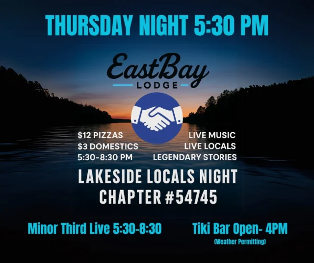 📍LAKESIDE LOCALS NIGHT
Chapter #54745 meets again this Thursday at 5:30PM — and yes, your membership is valid as long as you’re fun.

🎶 Minor Third live from 5:30–8:30
🍕 $12 pizzas
🍺 $3 domestics
🌴 Tiki Bar open at 4PM (weather permitting)
🫱‍🫲 Legendary stories guaranteed

We don’t check ID, but we do check vibe. 😎