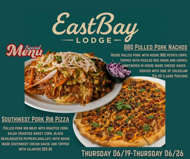 🔥 THIS WEEK’S DINNER SPECIALS JUST DROPPED 🔥
Starting Thursday, the kitchen is putting some serious flavor on your plate. Whether you’re feeling smoky, cheesy, crunchy—or all of the above—we’ve got you covered.

🍕 Pizza Special: Southwest Pork Rib – $20
A bold twist on your usual slice:
Pulled pork rib meat meets roasted corn salsa (sweet corn, black beans, roasted peppers, shallot) and gets drenched in our house-made Southwest cream sauce, then topped with fresh cilantro.
Think taco truck... but make it Eastbay.

🥔 Chef’s Special: BBQ Pulled Pork Nachos – $16
Brace yourself.
House-smoked pulled pork piled high on house BBQ kettle chips, drenched in cheese sauce, topped with pickled red onions and chives, and served with a crisp side of slaw.
Large portion. No regrets.

Come hungry. Come curious. Come get these while they last.

#EastbayEats #SpecialsThisWeek #PizzaNightReimagined #PulledPorkPerfection #LakesideFlavor