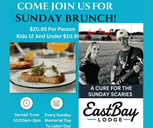 TOMORROW = THE CURE FOR THE SUNDAY SCARIES.
Let everyone else meal prep and panic scroll.
At Eastbay, we brunch, we boogie, and we bless the lake with Bloody Marys.

🍳 SUNDAY FUNDAY LINEUP:
🕙 Brunch 10AM–3PM
With Bloody Marys that make other brunches feel insecure.

🎶 Live Music: Grason & Sherry of Leather Mustang | 1–4:30PM
A little country, a little soul, a whole lotta reason to stay docked.

🏐 Volleyball, 🎯 bags, 🍦 ice cream shack
The kids say it’s theirs. But let’s be honest, adults—we’re all here for a scoop and a spike.

📍 The deck is ready. The craft bar is dialed. You just need to show up.

🎆 JULY 4TH IS COMING HOT
Cornhole. Volleyball. Deckside patriotism.
It’s the kind of all-day, all-out, red-white-and-boozy celebration this country deserves.

🔗 Sign up now → https://www.eastbayholcombe.com/4th-of-july/
You bring the team name. We’ll bring the trophies and tequila.