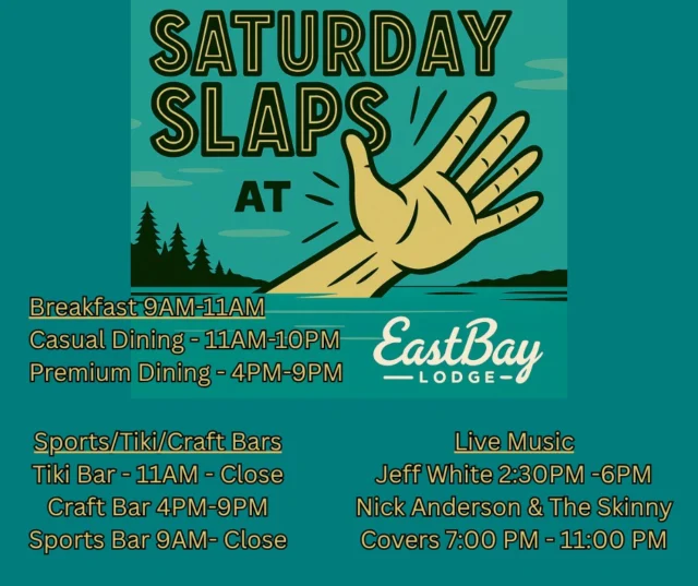 🚨 SATURDAY’S HERE — AND IT’S STACKED AT EASTBAY 🚨
Weekend mode: activated. The deck is set, the music’s queued, and the drinks are already making bad decisions with your name on them.

Here’s what’s on dock:

🎸 SATURDAY LINEUP:
🕝 Jeff White | 2:30PM
He’s basically Eastbay’s house band at this point, and the crowd always shows up for him.

🎤 Nick Anderson & The Skinny Covers | 7:00PM
Rock, blues, country, and chart-topping covers from a band with serious clout—MTV, E!TV, Netflix. This is not your average Saturday night band, folks.

🥩 Dinner Feature:
Ranch-raised meats + house-cut prime rib, complete with our stacked salad bar and two soups. Come hungry. Stay impressed.

🪑 Deck seating is ready.
🍹 Craft bar is dialed in.
🌅 Lake views are borderline illegal.

🍳 SUNDAY FUNDAY INCOMING:
💥 Brunch from 10AM–3PM
💥 Bloody Marys that are almost too good to be legal on a Sunday
🎶 Leather Mustang hits the tiki crowd 1–4:30PM
🏐 Volleyball. 🎯 Bags. 🍦 Ice Cream Shack is open and unhinged.
It’s basically Holcombe’s church.

🎆 AND DON'T SLEEP ON THE 4TH OF JULY...
Cornhole and volleyball tournaments, lake life chaos, patriotic drinks, and one full-day send-off to America’s birthday like only Eastbay can do it.
💥 Sign up now → https://www.eastbayholcombe.com/4th-of-july/
Get on the list before your buddy does and takes your team name.

#EastbayLodge #WhatsOnDock #RockTheDock #PrimeRibAndPatriotism #DeckDaysAhead #SkinnyCoversThickSteaks #LakeHolcombeLegendary