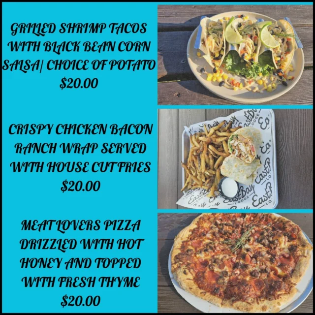 📣 WEEKLY SPECIALS AT EASTBAY — STARTING JULY 3RD
Fresh off the grill, outta the oven, and into your weekend. Let’s eat.

🍕 Pizza of the Week:
Meat Lovers + Hot Honey Magic – $20
Sausage. Pepperoni. Bacon. Canadian bacon.
Finished with a drizzle of hot honey and a sprinkle of fresh thyme.
It’s sweet. It’s spicy. It’s basically wearing a leather jacket.

🍤 Chef’s Dinner Special:
Grilled Shrimp Tacos – $20
Six marinated jumbo shrimp grilled to perfection, tucked into corn tortillas, topped with black bean corn salsa, zesty mayo drizzle, and fresh dill.
Served with your choice of potato.
This is the “I ate light so I could party later” special.

🏈 Sports Bar Special:
Crispy Chicken Bacon Ranch Wrap + House-Cut Fries – $13
Crispy chicken, smoky bacon, cool ranch, all hugged in a wrap.
Served with our golden house-cut fries because frozen ain’t our thing.

🔥 Available starting Wednesday, July 3rd — and rolling through the weekend like a pontoon parade.

#EastbayEats #SpecialsAtTheBay #54745Flavors #LakesideCravings