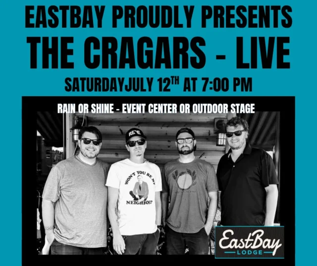 🎸 SATURDAY NIGHT LIVE AT EASTBAY 🎸
July 12th • 7PM • Rain or Shine

This is not a drill.
One of the Chippewa Valley’s most treasured and elusive bands—The Cragars—are making a rare live appearance at Eastbay Lodge this Saturday night. If you’ve ever caught a Cragars show, you already know. And if you haven’t... well, this is the one you don't miss.

These legends have been rocking bars, weddings, halls, and summer fests since 2007. Now they’re back—with a setlist full of everything from The Beatles and Elvis to Nirvana, Blink 182, and Tom Petty. It’s rock history, party vibes, and pure Northwoods electricity.

🎤 AND DON’T SLEEP ON THE DAY PARTY...
The incredible Brian Stewart kicks things off from 2:30–6PM with that smooth lakeside groove we all crave.

🎶 Then at 7PM, it’s go time.
Main stage if it’s dry. Events Center if it’s not. But make no mistake—it’s happening.

🛶 Boaters, Locals, Vacationers—this is your soundtrack.
Show up early. Stay late. Let’s blow the doors off Eastbay.
