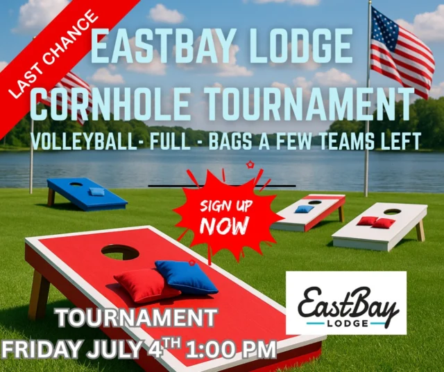 🎯 LAST CALL FOR CORNHOLE GLORY
You’ve got two options this Thursday:

🔥 Sit around the fire with your in-laws...
or
🔥 Throw fire in the cornhole tournament, talk reckless, and win cold hard cash.

🏐 Volleyball? FULL. Locked. Loaded. Let the spiking begin.
🎯 Cornhole? Just a few team spots left.
This is your last chance to register before we shut it down and let the chaos begin.

👉 https://www.eastbayholcombe.com/4th-of-july/

💰 Cash is on the line.
🕶 Dignity is optional.
💪 Bragging rights last until next year (and probably longer if you're annoying enough).

You don’t want to be the person who almost signed up but didn’t.
You want to be the person whose teammate carried them to victory while they talked trash with a beer in one hand and a hot dog in the other.

Walk-ins? Sure.
But real champions commit early, stretch dramatically, and walk in with a playlist.

The Fourth of July at Eastbay doesn’t start with fireworks —
It starts with this tournament.
This is the ignition switch to a full send day of live music, cocktails, DJs, karaoke, fireworks, and lake legends in the making.

So sign up. Show up. And throw like your name’s etched on the Declaration of Independence.

👉 https://www.eastbayholcombe.com/4th-of-july/

#CornholeCrisis #LastCallForGlory #ThrowFireNotShade #EastbayLodge #CashOnTheLine #FourthStartsHere