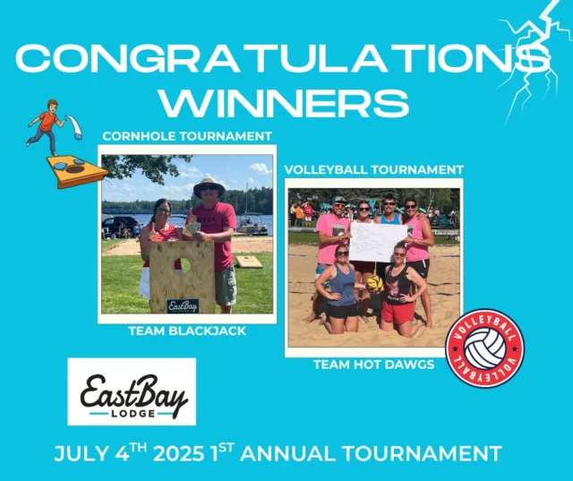 🏆🔥 2025 CHAMPS CROWNED AT EASTBAY 🔥🏆
We said it was going to be epic—and y’all showed up and made it even better.

Our 1st Annual Eastbay 4th of July Volleyball & Cornhole Tournaments brought the heat, the hype, and the high-stakes bragging rights. Aside from some spicy cash prizes, these teams walked away with eternal glory (at least until next year):

🎯 Team Blackjack tossed their way into Cornhole royalty
🏐 Team Hot Dawgs grilled the competition and spiked their way to victory

To everyone who played, cheered, heckled, and hydrated with style—thank you. The Eastbay community energy was unreal. You’ve got 12 months to reset, rally the crew, and reclaim your pride—because 2026 is coming in hot, and this is officially an annual thing now. 😎

📸 Tag your squad, your sore muscles, and your best moments.
🧢 Swag post = unlocked.

#EastbayLodge #BattleOfTheBoards #HotDawgsRule #BlackjackKings #LakeLifeTournaments #FourthOfJulyDoneRight #AnnualAndAwesome