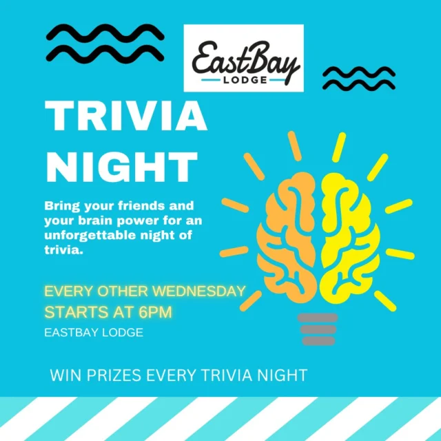 🎉 TRIVIA IS BACK, BABY! 🧠
Tomorrow night—Wednesday—Eastbay becomes the arena, and Coach Parker returns to the mic to test your wits, your random knowledge, and your ability to remember anything after a few cocktails.

🗓 Wednesday Night
🕕 6PM SHARP
📍 Eastbay Lodge – Sports Bar Side

Bring your crew. Bring your A-game.
Prizes? Yep. Bragging rights? Always.
Regret from not showing up? Absolutely.

So consider this your Tuesday heads-up:
Coach Parker is waiting. Trivia Night is ON.
Get your team name ready—make it clever, make it spicy.

#TriviaNight #EastbayLodge #CoachParkerIsBack #WednesdayWisdomAndWhiskey #HolcombeKnowsStuff