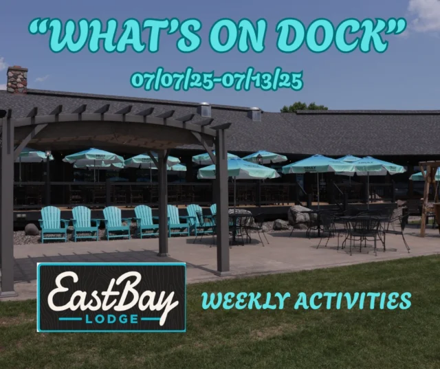 WEEK OF JULY 8–14 @ EASTBAY LODGE
📍 Lake Holcombe | #54745

🍻 Open Daily
🕚 Mon–Fri: 11AM | Sat: 9AM | Sun Brunch: 10AM
🍽️ Casual Menu 11–10 | Supper Club 4–9
🍹 Craft Bar & Libations flow daily at 11

🎸 MON
Pop-Up Locals Night 🎶 Between Howls 5–8PM
🌭 Polish sausage, kraut & fries + 1000 Island – $12

🧠 WED
Trivia w/ Coach Parker | 6PM | Prizes + sass

🍕 THURS
Locals Night pt. 2 🎶 Eddie Beavers 5:30–8:30PM
$12 Two-Topping 16” Pizzas | $3 Domestics

🐟 FRI
Fish Fry + Salad Bar | Starts at 4PM
🎤 Rock the Dock: DJ, Karaoke, Vibes

🎶 SAT
🎵 Brian Stewart 2:30PM | The Cragars 7PM
🥩 Prime Rib Night = 🔥

🍳 SUN
Brunch 10–3 | Live music by Jeff White 1–4:30PM
Tiki open 🌴 | Dock boys on duty 🚤

WEEKLY SPECIALS
🍕 Chicken Alfredo Pizza – $20
🍔 Popper Burger – $14
🥩 Bleu Cheese Filet Mignon – $36

Come hungry. Leave loud.
Deck seats now. Regrets later.
#EastbayLodge #54745 #LakeLife #SupperClubVibes