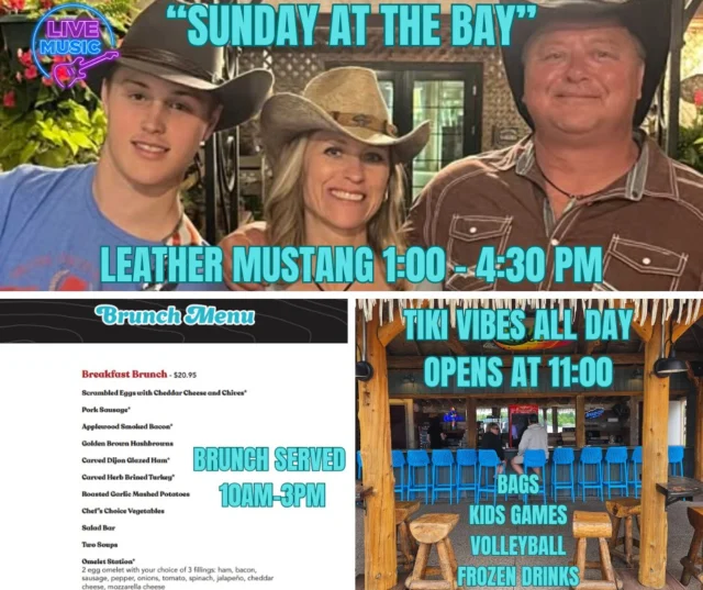 ☀️ SUNDAY = RESET
Let us hit you with the brunch, the breeze, and the beats.

🍳 Brunch 10–3PM
🌴 Tiki Bar @ 11AM
🎸 Leather Mustang LIVE @ 1–4:30PM
🎧 Nashville sound, Holcombe soul.

Come drink a mimosa, stare at the lake, and forget what Monday even is.
#SundayFunday #EastbayBrunch #LeatherMustangLive #VibeTribeSunday