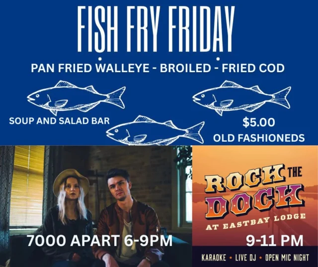 🎣 FRIDAY AT EASTBAY
We’re not saying we’ve got it all—but let’s be honest: we kinda do.

🕓 Fish Fry starts at 4 PM
• Hand-breaded, beer-battered, lake-loving greatness
• Plus: the only soup & salad bar on the lake 🥗🍲
📖 Full menu? Right here → eastbayholcombe.com/menus

🎶 Live Music TONIGHT
🎤 7000apart | 6–9 PM – Soulful, powerful, and made for summer evenings
🎧 DJ Bobby & Chris | 9–11 PM – Rock the Dock takeover w/ karaoke, open mic, & dance floor energy
📍 Outdoor stages by the tiki bar
📸 Come for the fish. Stay for the vibe. Leave fuller than this lake.

#FridayAtEastbay #FishFryWisconsin #7000apartLive #RockTheDock #TikiBarNights #LakeHolcombeVibes #KaraokeKings #SoupAndSaladFlex #OnlyAtEastbay