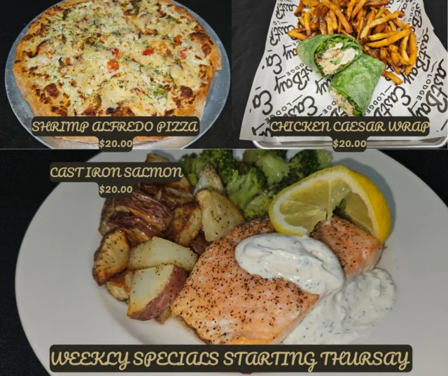 🍽️ THIS WEEK’S FLAVOR FLEX
📅 Valid Thursday 7/31 through Wednesday 8/6
Starting Thursday at Eastbay Lodge – bring your appetite and your attitude.

🔥 Shrimp Alfredo Pizza
House-made Alfredo. White shrimp. Melty mozz. Sweet bell peppers.
💸 $20 – Worth every shrimpin’ penny.

🌯 Chicken Caesar Wrap
Grilled chicken. Fresh romaine. Real parm. Our house Caesar tucked into a gourmet spinach wrap.
💸 $13 – It’s not just a wrap. It’s a vibe.

🔥 Cast Iron Salmon
8oz of seared-to-perfection salmon, creamy dill sauce, roasted reds, and sautéed broccoli.
💸 $20 – That’s date-night energy on a Wednesday.

Hungry yet? You will be.
📍 Eastbay Lodge – Lake Holcombe, WI
Tag your crew. Let’s eat.
