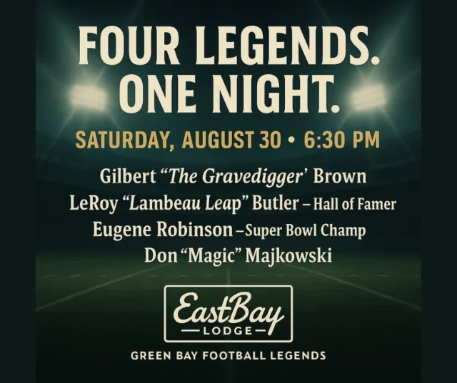 🏈 Green & Gold Legends Are Coming to Eastbay
📅 Saturday, August 30th
💚 In support of the Gilbert Brown Foundation

This isn’t your average fundraiser. This is Eastbay style — loud, legendary, and loaded with chances to win.

All month long, we’re stacking the fun with:
🎯 Raffle boards (yes — the legal kind 😎)
🏈 One-of-a-kind autographed Green Bay gear
🎟️ Boards for premium Packers game tickets
🚨 Spots are limited. Stop in for a spot on the board before they’re gone.

Then comes the main event:
🌽 Cornhole tournament
💦 Celebrity dunk tank (locals, bring your aim)
🎤 Two live bands
🏈 Four Green Bay Legends
🔥 Football contests, raffles & more
🛑 Want in on the prizes? Stop in for a spot on the board — no online signup.

📍 Visit Eastbay Lodge today — check out the gear, grab your board slot, and help us raise money for an incredible cause.
🔗 Full event details: eastbayholcombe.com/events

Let’s make this legendary — on and off the field.