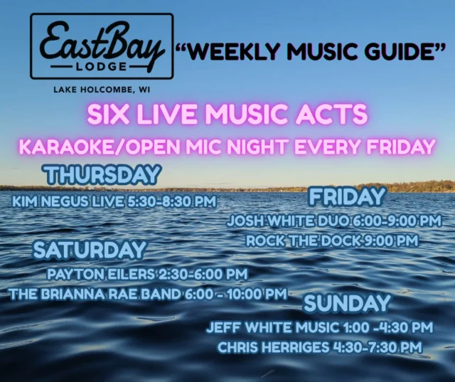 🚨 SIX. LIVE. SHOWS. 🚨
Plus Rock the Dock karaoke & open mic every single Friday night at 9:00.
Somehow… we fit it all in.

THURSDAY
🎤 Kim Negus – Kaiged Acoustics • 5:30–8:30 PM
Start the weekend early — because Eastbay doesn’t believe in waiting.

FRIDAY
🎶 The Josh White Duo • 6:00–9:00 PM
🎤 Rock the Dock Karaoke/Open Mic • 9:00 PM
Belt it, shred it, or crash & burn gloriously — we’ve got your mic ready.

SATURDAY
🎵 Payton Eilers • 2:30–6:00 PM
🎸 Brianne Rae Band • 6:00–10:00 PM
That’s an all-day music marathon — sunscreen optional, good times mandatory.

SUNDAY
☀️ Jeff White • 1:00–4:30 PM
🎤 Chris Herriges • 4:30–7:30 PM
Back-to-back sets so you can ride the weekend out right into the sunset.

💡 Summer’s too short to “take it easy.” We’re loading your weekends to the brim — music, lake, sun, repeat.
📅 Agendas are always up to date on our socials, or get the direct hit right here: eastbayholcombe.com/events

🌴 Three full bars.
Cross the border between tiki island vibes, casual sports bar chaos, and craft bar lounging. Add room to sprawl, toss bags, or throw down in volleyball.

Come drink it in — the lake, the sun, the music, the vibes, the summer.