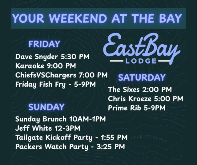 The Weekend Agenda Starts NOW. ⚡️

FRIDAY
🎣 Fish Fry 5–9PM
🎶 Dave Snyder Live 5:30–8:30PM
🎤 Karaoke Rock the Dock 9PM

SATURDAY (Epic Mode)
⚡ The Sixes 2PM
⚡ Chris Kroeze NEW TIME 5PM
🌧️ Rain or shine. You just show up.
🥩 Prime Rib Special 5–9PM

SUNDAY (Tailgate Party)
🎶 Jeff White Warmup Tunes 12–3PM
🍻 Tailgate @ 1:55 — “30 for 30” (ask us), outdoor games, outdoor vibes, tailgate-inspired DJ music, raffles, boards, prizes, and yes… the cheesehead.
🏈 Kickoff Party 3:25PM — Big Screens + Stadium Sound (it’s a real thing)

Grab your crew. Grab your hoodie. Eastbay = your weekend HQ. #54745