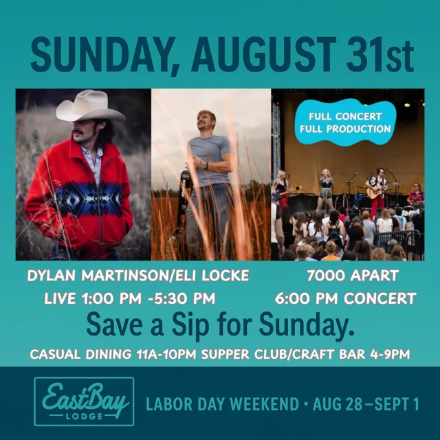 🌊🔥 Sunday, August 31st — Labor Day Weekend at Eastbay 🔥🌊

This is the Sunday you don’t miss. Two powerhouse shows. One lakeside stage. A whole day of memories you’ll be bragging about come Monday.

🎶 1:00–5:30 PM → Dylan Martinson & Eli Locke
Afternoon country done right.

Dylan Martinson — Chetek’s own, with heartfelt lyrics and a Midwest country sound that hits home.

Eli Locke — straight out of Nashville, bringing honky-tonk fire and Southern grit. He’s shared stages with Cody Johnson, Darryl Worley, and the Eli Young Band.

Together, they’re the perfect blend of small-town soul and Music City swagger — setting the lake on fire all afternoon.

🎤 6:00 PM → 7000apart (Full Band • Full Production Concert)
This isn’t a duo with a guitar. This is a national act with their full band, rolling in to give you a stadium-level concert right here at the lake.

Husband-and-wife duo Amelie & Jon built their story across 7,000 kilometers — from Stockholm to Wisconsin.

Their songs carry millions of streams, Grammy-winning production, and features from Sweden’s Got Talent to The CW’s The Hill.

Their music digs deep — mental health, love, resilience — but live, with their full band, it’s pure energy, heart, and spectacle.

7000apart isn’t the closer… it’s the climax. This is the show you’ll kick yourself for missing.

🍻 The Vibe:
Cold drinks. Smoked eats. Friends shoulder-to-shoulder.
Two bands. One epic Sunday. Zero cover charge.

📅 Sunday, August 31st
📍 Eastbay Lodge • Lake Holcombe, WI

👉 All afternoon, all night. This is Labor Day Sunday at The Bay.
