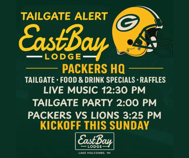🏈💚💛 PACKERS vs LIONS • SUNDAY SEPT 7TH 💛💚🏈
The Bay is going full Lambeau.

🎶 Live Music Pre-Party: Jeff White fires it up at 12:30 PM.
🔥 Tailgate Party: Outside at 2:00 PM — grills smokin’, drinks pourin’, contests rollin’.
🏟 Kickoff: 3:25 PM — Packers vs Lions on every damn screen in the house.

🔥 Tailgate Like You Mean It 🔥
Yeah, a real one. Music bumpin’, cornhole flyin’, trash talk flowin’. We’ll bring Lambeau energy lakeside.

📺 Inside = Game Day Heaven
Every game. Every snap. Everywhere. With the best sound system on the lake.

🎯 Boards, Bets & Bragging Rights

Football squares every game

Prop contests & pick’ems

Drawings for bar tabs & prizes all game long

🎟 Every Drink = A Shot at Packers/Vikes Tickets!
Every alcoholic drink = a raffle ticket for 2 FREE TICKETS to Packers vs Vikings in Minneapolis this January. More you sip, better your odds. 🍻

🧀 Cheesehead Rule
If you’re chosen to wear the sacred Cheesehead… you drink FREE until someone scores.

🎁 Quarterly Raffles + Wild Prizes
Not junk. Swag, gear, and stuff you’ll actually want.

🍔 Game Day Specials
Bold beers. Beastly burgers. You won’t leave hungry.

💥 The Vibe?
This isn’t just “watching the game.” It’s a movement. Tailgate energy + lakeside rowdiness + your crew.

📣 Packers fans, Lions fans, Viking die-hards, even Bears fans (we’ll try to be nice)… all are welcome. Just don’t fumble and miss it.

👉 Tag your crew. Share this post. Be here Sunday. Eastbay = Packers HQ.

#EastbayLodge #PackersHQ #LakeHolcombe #TailgateOnTheLake