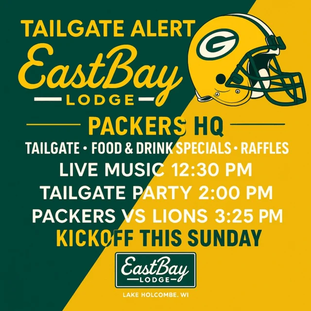 Sunday = Tailgate.
Not the “cute indoor kind.” A real one — outside, beers in hand, music loud, games everywhere.

🎶 Live Music → 12:30 PM
🔥 Tailgate Kicks Off → 2:00 PM
🏈 Kickoff → 3:25 PM (Packers vs. Lions)

🎯 Raffles. Boards. Prizes.
🍻 Sports Bar = premium sound, every hit feels like Lambeau.
👑 The Cheesehead returns: wear it, drink free ‘til somebody scores.

Eastbay. Tailgate like you mean it.
