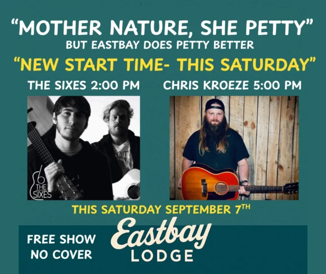 🚨 False Fall called — said it’s bringing the chill early. So we’re moving the music up to beat the cold night air. Bring a hoodie and enjoy the cooldown.

🎶 The Sixes: 2–5PM
🎸 Chris Kroeze: 5PM showtime

Rain? Shine? Doesn’t matter — we’ve got the shelter, the sound, and the Saturday vibes to make it a night to remember.

🍹 Drinks flowing.
🐟 Food stacked.
🎤 National recording artist — FREE.

Lake life doesn’t stop when temps dip. It just shifts gears. 🚤 🚗 🏃‍♂️
Bundle up, roll in, and let’s light up Lake Holcombe.

👉 Saturday, Sept 6th. EastBay Lodge. Be part of the story.

#EastBayLodge #ChrisKroeze #TheSixes #LakeHolcombe