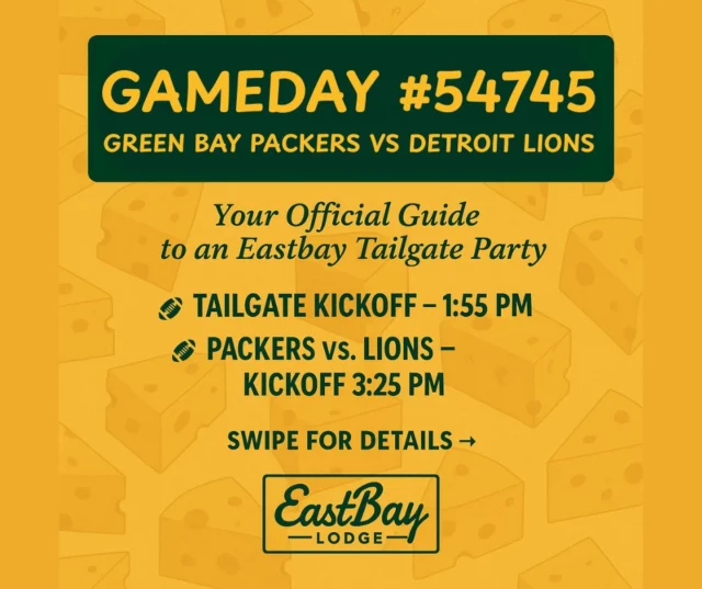 🏈🧀🍺 SUNDAY IS GAME DAY, HOLCOMBE 🍺🧀🏈
And in true Eastbay fashion, we’re bringing you Packers energy with a full send of football vibes. This isn’t your average Sunday watch party—it’s a tailgate takeover on Lake Holcombe.

🍺 Tailgate officially kicks off at 1:55 PM.
Yeah, you read that right. Not 2:00. Not 1:30. 1:55. Why? We’ve got our reasons. Let’s just say… you’ll want to be first in the hunt. (That’s a hint.) Pregame broadcast outdoors, Packers-themed music rolling, tiki bar wide open, and tailgate games firing.

🔥 Be one of the first 30 through the gate for our 30 for 30 kickoff (iykyk… if you don’t, you will). Outdoor vibes, bags, and all the pregame energy.

🏈 At 3:25 PM, kickoff goes inside.
Stadium sound. Big screens on every wall. Boards, raffles, and the Cheesehead Lottery every 30 minutes (think a beverage buffet just for you). Each visit racks up entries for our grand prize Packers tickets later this year. Swag, merch, and prizes all day.

🍔 Game Day Specials – Piled High, Eastbay Style
Because when we do food, we do it like Lambeau plates on a Sunday—stacked heavy, no room left uncovered.

CAJUN CHIPS w/ Dipping Sauce – $5

GAMEDAY NACHOS (Chili, Cheddar, Nacho Cheese) – $5

HALF SANDWICH + SOUP (rotates weekly) – $8

FLATBREAD + Domestic Silo (two toppings) – $15

10oz NY STRIP + Potato (choice of potato) – $20

GAMEDAY PLATTER (Curds, Fried Pickles, Onion Rings) – $20

⚡ No breaks in the action. No filler. Just pure game day adrenaline. It’s our first Packers Tailgate Party in Holcombe and we’re out to set the bar.

💚💛 Packers energy. Lakeside swagger. Eastbay style.
And if you’re wondering if we’re serious about football—remember this: we brought Packers legends to your backyard this summer. That was proof. This is the encore.