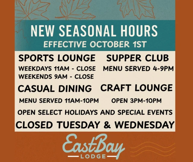 🚨 PSA for the Locals + the Lake Tribe 🚨

Starting October 1st, we flip the script. Seasonal hours are here, so do us a favor:
👉 Read the tile. Screenshot it. Save it. Tattoo it if you have to.

Yes, we’ll be closed Tuesdays + Wednesdays (unless we’re throwing a holiday rager or private bash). Don’t panic — you’ll survive two days without us.

🌊 The Tiki may be tucking in for the season, but the party moves indoors. Welcome to the Craft Lounge, open 3–10pm every single day we’re open. And here’s the kicker: we’re rolling out brand-new fall + winter Supper Club cocktails designed to match your energy. No paper umbrellas. Think bold pours, warm notes, and cozy glassware that makes you want to settle in.

🍳 Brunch stays put — every Sunday, 10am–1pm.
🍔 Casual menu: 11am–10pm.
🥩 Supper Club: 4–9pm. Famous salad bar still slaps.

🎶 Entertainment? Always on tap.

Locals Night #54745: Thursdays @ 5:30pm — live music + specials.

Fridays + Saturdays: Supper Club vibes with live music and our “soft-seating cigar bar reset” (translation: badass bourbon lounge mode).

Concerts? All winter long. Check the events page ➡️ eastbayholcombe.com/events

🦃 And Thanksgiving buffet? Yep, it’s happening. Reservations drop soon.

📸 Now go screenshot those hours, tell your crew, and brag you knew first.

#EastbayLodge #54745 #FallWithSwag
