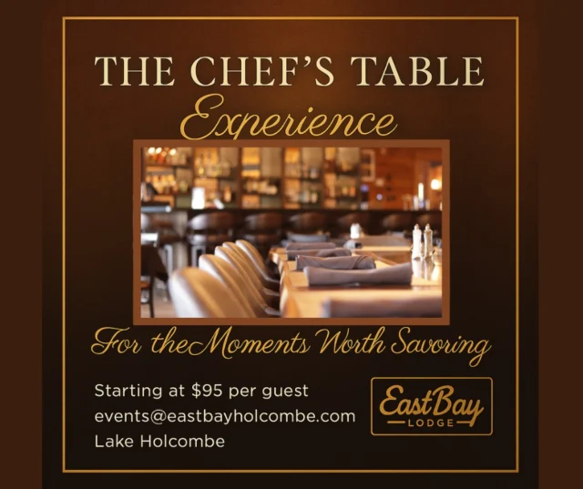 At Eastbay Lodge, dining becomes something extraordinary with The Chef’s Table Experience — a private, five-course meal designed for up to twelve guests inside our intimate Supper Club overlooking beautiful Lake Holcombe.

Each evening is built around Chef Wyatt’s culinary inspiration and your personal tastes, creating a one-of-a-kind menu that tells a story from the first bite to the last sip.

A traditional five-course experience unfolds like this:
1️⃣ Amuse-bouche – a small, artful welcome from the chef
2️⃣ Starter – something bright to awaken the palate
3️⃣ Main Course – the centerpiece of your evening
4️⃣ Palate Cleanser – a refreshing pause between flavors
5️⃣ Dessert – a sweet finish to a perfect night

Whether you’re celebrating a milestone, gathering close friends, or hosting colleagues, The Chef’s Table transforms dinner into a night of conversation, connection, and craftsmanship — all framed by the glow of the water’s edge.

It’s also an exceptional experience for small businesses or corporate clients — the perfect way to celebrate a team, impress key partners, or entertain guests in a setting that feels both exclusive and relaxed.

Our team can curate custom cocktail or wine pairings to complement each course, ensuring your evening feels every bit as special as the occasion itself.

✨ Minimum two weeks’ advance reservation required
💰 Starting at $95 per guest
📍 Reserve now at 👉 eastbayholcombe.com/chefs-table

Because at Eastbay, we don’t just serve dinner —
we create moments that linger long after the last course.