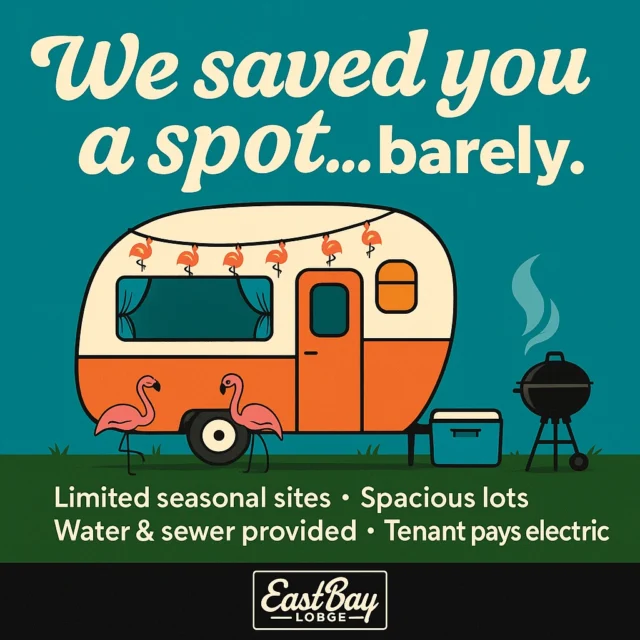 We’ve got a very limited number of seasonal campsites now open at Eastbay Lodge — and when we say limited, we mean they won’t last long.

Imagine waking up to the lake, walking to live music, and living in a community that knows how to have fun all summer long.
From Thursday through Monday, the Bay hums with energy — bands, bonfires, food, cocktails, and that perfect lakeside chaos that makes you forget what day it is.

This is your chance to reside by the Bay.
Your chance to be part of the Baystayers — the crew who call this place home for the season.

🎶 Live music all summer
🔥 Good neighbors, great vibes
🍹 Walking distance to everything
🏕 Your own slice of Lake Holcombe paradise

👉 Check out the details and fill out the card here:
eastbayholcombe.com/camping

Make 2025 the season you never want to end.
#Baystayers #EastbayLodge #LakeHolcombeLife #CampByTheBay