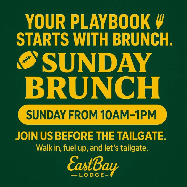 🥞 YOUR PLAYBOOK STARTS WITH BRUNCH. 🥞

Before the tailgate. Before kickoff. Before the chaos.
There’s brunch — Eastbay style.

🍳 Sunday Brunch | 10AM–1PM
Adults $20.95 | Kids 5–12 $10.95
A buffet that doesn’t fumble:
• Waffle & omelette bar
• Full salad bar + soup
• Carved meats to choose from
• Potatoes & egg varieties galore

It’s a touchdown to start your day.
Fuel up, cheer loud, and roll straight into the tailgate.

🏈 Eastbay Lodge – Lake Holcombe, WI
#EastbayLodge #54745 #GoPackGo #BayDay #SundayBrunch #TailgateAtTheBay