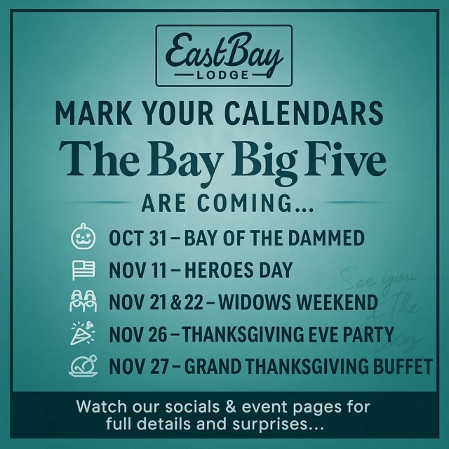 We’ve been busy at The Bay.

So busy, we had to name it.

Introducing The Bay Big Five — a fall lineup so packed it deserves its own season. Because let’s be honest… we’re Wisconsin. We’re Holcombe. And we’re not built for “closed for the season.”

Around here, the docks might come out — but the lights stay on, the food stays hot, and the music keeps rolling across the lake.

Here’s what’s coming:

🎃 October 31 – Bay of the Dammed
Something wicked is docking on Lake Holcombe… and yes, we said Dammed. When you throw a Halloween party next to the dam, you lean into it. Dinner service all day, haunted games, eerie cocktails, and The Brianna Rae Band live from 8–12. This is The Last Supper. The Last Dance. Halloween, Eastbay-style.

🇺🇸 November 11 – Heroes Day
One day a year, we stop serving plates and start serving gratitude. Military veterans, first responders, and healthcare heroes — dinner’s on us. Any item off the Sports Bar menu, completely free. For everyone else: $1 Busch Lights, $5 patriotic cocktails, and all heart. Because when we say “One Day. All Heart.” — we mean it.

👯 November 21 & 22 – Widows Weekend
While your hunting partner’s chasing deer, we’re hosting the ones who hold it down at home. Shopping. Vendors. Live music from GMOD and Six Figure Sunrise. Craft cocktails, cozy bites, and that “me time” energy Holcombe loves.

🎉 November 26 – Thanksgiving Eve Party
The holiday kickoff you didn’t know you needed. Between Howls takes the stage at 5 PM — soulful vocals, violin solos, and all the right vibes before the feast. No cover. All feels.

🦃 November 27 – Grand Thanksgiving Buffet
Confirmed and coming soon: Thanksgiving Day at Eastbay. Leave the cooking to us this year and make memories lakeside. Reservations and menu drop soon.

🍂 It’s a full season at The Bay.
Because we’re not closing — we’re just getting started.

Follow our socials and event page for all details and surprises:
🔗 eastbayholcombe.com/events

📍 Eastbay Lodge – Lake Holcombe, WI
#TheBayBigFive #EastbayLodge #LakeHolcombeStrong #FallAtTheBay #BayOfTheDammed #HeroesDayEastbay #WidowsWeekend #ThanksgivingEveAtEastbay #thanksgivingatthebay