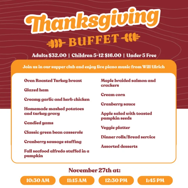 🍂 Thanksgiving at The Bay 🍂
The lakeside tradition continues — gather your crew and let Eastbay handle the feast.

✨ Chef-crafted buffet • Live music 10AM–2PM • Lakeside vibes all day.

Buffet favorites:
Turkey 🦃 | Glazed Ham 🍯 | Garlic & Herb Chicken 🍗 | Seafood Alfredo (served in a carved pumpkin 🎃) | Maple Braised Salmon 🐟 | All the fixin’s + desserts galore.

Seatings: 10:30 • 11:15 • 12:30 • 1:45
Reservations required — limited capacity!

👉 eastbayholcombe.com/reservations

#ThanksgivingAtTheBay #LakeHolcombe #EastbayLodge #ThanksgivingBuffet #WisconsinEats #feastbythelake