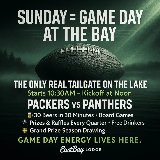 This is gonna be a tough week on your liver, folks.
Halloween. Supper Club Series. A noon Packers game.
And we’re not here to help — we’re here to make it worse (in the best possible way).
Yeah, it’s Wednesday…
but this is your reminder that Sunday = Game Day at The Bay.
We’re the only real tailgate on the lake, and it starts 10:30AM sharp when Parker and Murray start throwing the flags and setting the tone:
🍺 30 Beers in 30 Minutes
🎯 Tailgate Games, Raffles & Prizes Every Quarter
🟩 Free Drinkers Every Touchdown
🏁 Grand Prize Season Drawing
At noon, the Packers take on the Panthers, and from kickoff to final whistle, it’s nothing but game day energy — Bay style.
So hydrate early, call your crew, and get ready to roll.
Because after a week like this one, you’re gonna need a Monday off. 😈
#EastbayLodge #GameDayAtTheBay #LakeHolcombe #PackersTailgate #NFLSunday #WisconsinTailgate #TheBayCrew #tailgateonthelake