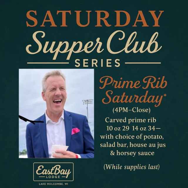 Join us tonight for the Saturday Supper Club Series 🥩✨

It’s Prime Rib Saturday — carved to order, 10 oz $29 | 14 oz $34, with your choice of potato, salad bar, house au jus & horseradish cream.
Plus, our full Supper Club menu is on deck.

🎶 Live music from Yacht Rock Dan starting at 5 PM — smooth, soulful, and best paired with an Old Fashioned.

Doors open at 4 PM.
While supplies last.

#EastbayLodge #SupperClubSeries #PrimeRibSaturday #54745 #HolcombeStyle #YachtRockDan
