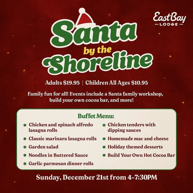 🎅✨ Ready for some holiday cheer, Lake Holcombe?

For the young and the young at heart, Santa by the Shoreline is officially here — and this is the very first time Eastbay Lodge has ever offered this magical holiday experience.

Join us for an evening filled with everything you love about Christmas:
• Santa, live and in-person, meeting children one-on-one
• Live holiday classics performed by Erin Krebs & the Jeff Johnson Duo
• Letters to Santa, plus cookie & ornament decorating stations
• A Giving Tree where we’ll collect hats & mittens for local families
• A full holiday buffet crafted for cozy winter comfort
• Build-Your-Own Cocoa Bar (with 21+ add-ons for the grown-ups)
• Festive cocktails at a cash-only holiday bar
• And of course… the warm glow of Eastbay Lodge, the crackling fire, and a lakefront setting that begs to become your new family tradition.

🎟 Tickets are on sale now:
https://www.eastbayholcombe.com/santa-by-the-shoreline/

This night is designed for every generation — bring the kids, bring the grandparents, bring the whole crew. Whether you're here for Santa, the music, the buffet, or the magical lodge atmosphere, there’s something for everyone.

And truly…
We could use the community’s support.
This is the first time we’ve created an event like this, and we’re pouring our hearts into bringing something special to Lake Holcombe.

Come help us kick off a brand-new tradition.

🎟 Purchase tickets today:
https://www.eastbayholcombe.com/santa-by-the-shoreline/