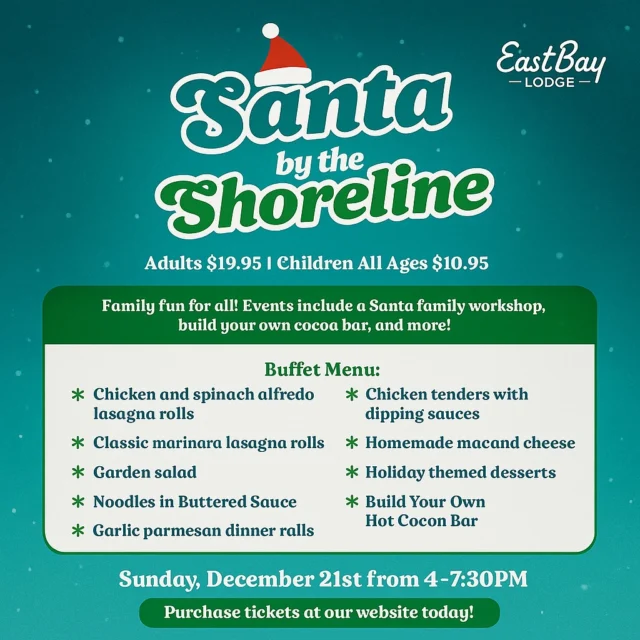 Holiday Comfort Food Done Right 🍽✨

Your ticket includes our full holiday buffet featuring:
• Chicken & spinach alfredo lasagna rolls
• Classic marinara lasagna rolls
• Garden salad
• Noodles in buttered sauce
• Garlic parmesan dinner rolls
• Chicken tenders with dipping sauces
• Homemade mac & cheese
• Holiday-themed desserts
• Build-Your-Own Cocoa Bar (with 21+ add-ons!)

This alone is worth the night out — and it’s just $19.95 for adults and $10.95 for kids.

🎟 Grab your family’s tickets:
https://www.eastbayholcombe.com/santa-by-the-shoreline/