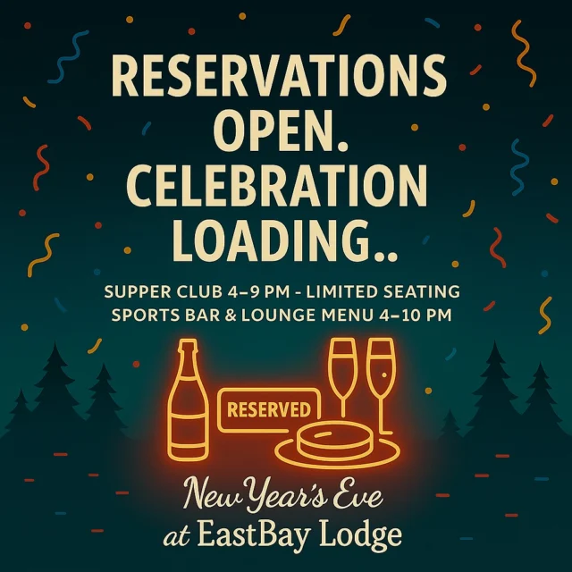 🎉 THE OFFICIAL EASTBAY NEW YEAR’S EVE ANNOUNCEMENT (BANGER 2.0)

Holcombe… let’s get something straight:

We don’t care how you spend New Year’s Eve.
Sleep in. Sit around. Pretend you’re “getting organized for 2026.”
Live your truth. Do you.

At least until 4pm.
Because at 4pm, Eastbay Lodge flips the switch and this town officially enters Celebration Mode.

And this isn’t just any NYE party —
👉 This is our FIRST New Year’s Eve at Eastbay Lodge,
👉 and we are coming in HOT to welcome 2026.

✨ THE SUPPER CLUB OPENS AT 4 PM

Chef is rolling out a one-night-only, chef-curated NYE menu that screams,
“Treat yourself — tomorrow is Diet Monday.”

This WILL be one of the busiest dining nights of the year.
If you want in, you want to reserve early:
👉 https://www.eastbayholcombe.com/reservations/

🍸 CRAFT COCKTAILS IN THE LOUNGE

4pm–10pm.
It’s the mood, the glow, and the exact right amount of “I deserve this.”
Your 2026 personality starts here.

🔥 THE SPORTS BAR OPENS AT 4 PM

Sports Bar Menu rolling.
Fire lit.
Vibes warm enough to thaw even the coldest Wisconsin heart.
(Yes, Bears and Vikings fans, that includes you.)

🎤 THE MAIN EVENT — AND YES, WE’RE MAKING A BIG DEAL OUT OF THIS

At 9pm, the stage lights hit…
and The Dweebs step out to welcome 2026.

Not a tribute band.
Not the “almost Dweebs.”
THE Dweebs.

The iconic glasses.
The high-octane chaos.
The “holy crap, they’re REALLY here?” energy.
These guys are regionally massive, and we got them to ring in midnight with the 54745.

And because we’re Eastbay:
🔥 NO COVER. EVER.
If you’re in the building — you’re IN the party.

🥂 2026 IS ON DECK. AND SO ARE YOU.

Bring your friends.
Bring your family.
Bring your questionable resolutions.
We’ll handle the rest.

If you want the Supper Club experience before the madness hits at 9pm,
you already know the move:
👉 https://www.eastbayholcombe.com/reservations/

Seriously — don’t wait.
NYE dinner spots disappear fast, and nobody wants to be the one eating gas station egg rolls at 5pm on New Year’s Eve.

One more time for the people in the back:
👉 https://www.eastbayholcombe.com/reservations/

Eastbay Lodge — Where 2025 ends, and the real party begins.