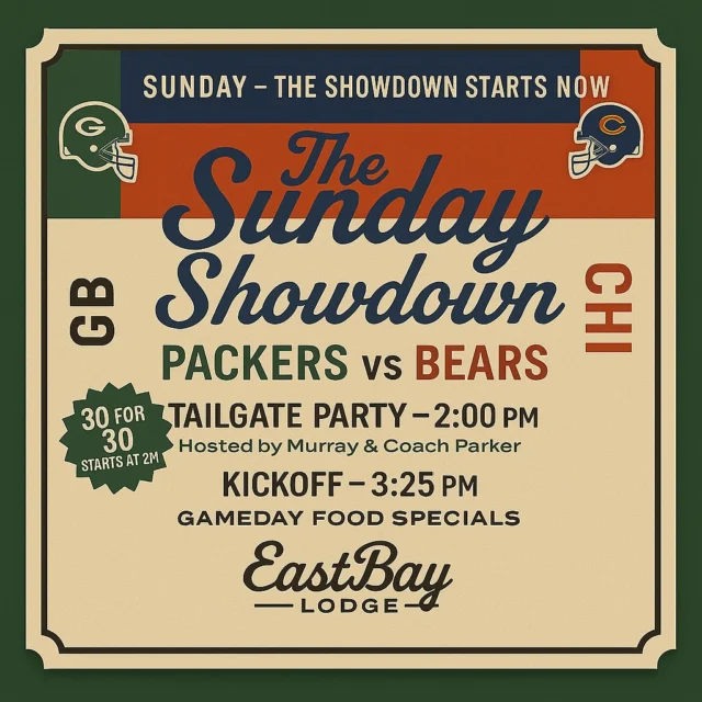 🏈 IT’S SUNDAY — THE SHOWDOWN STARTS NOW

Packers vs. Bears • Kickoff 3:25 PM
Tailgate Party @ 2 PM

Holcombe… it’s time.

No more talking. No more predictions. No more trash-texting your cousin who still insists Justin Fields is “the future.”
Today is the day we settle it.

🔥 Tailgate @ 2 PM

Get here early. The grills fire up, the drinks flow, and the Bay turns into a full-blown pregame arena.
It’s loud. It’s rowdy. It’s Wisconsin.

🏈 Kickoff @ 3:25 PM

The Packers.
The Bears.
The rivalry that built the Midwest.
We’re blasting it across the Lodge like we own Lambeau rights.

👊 Everyone’s invited — even Chicago fans

Show up. Talk your talk. Wear your orange.
We’ll even pretend to listen.
(And we’ll keep your drinks full while you stress-snack queso.)

🎉 Today, the Bay is the official home of chaos, cheering, cocktails, and cold-weather football glory.

Bring your crew.
Bring the noise.
Bring the rivalry.

See you at the tailgate. See you at kickoff. See you at the Bay.
#SundayShowdown #GoPackGo #BearDown(…if you must)