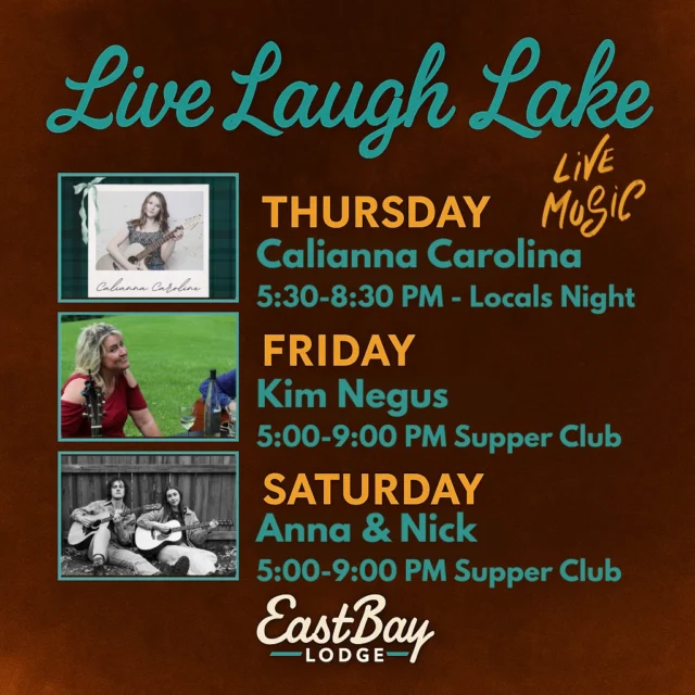 🎶❄️ WINTER DOESN’T BREAK STRIDE AT THE BAY ❄️🎶

Holcombe… let’s be real.
If anyone needs a mid-winter escape right now, it’s you.
And while the lake might be frozen, Eastbay Lodge is absolutely not.
The music, the cocktails, the energy — all still running hot enough to thaw your soul.

Here’s your “forget it’s winter” playlist for the week:

🎤 Thursday – Locals #54745 Night (5:30–8:30 PM)

Calianna Carolina
This girl is fire. A knockout vocalist from some of the region’s biggest bands (yes, Resonate).
She’s a powerhouse, she often brings a surprise guest, and her tracks will blast the winter blues right off you.
Live in the sports bar — locals, this one’s yours.

🎶 Friday – Supper Club Sessions (5–9 PM)

Kim.
One of our own. Part of the Eastbay family.
If you know… you know.
She is the vibe for a classic Wisconsin Fish Fry Friday in the supper club — warm, soulful, and worth the drive alone.
The room just feels better when Kim’s behind the mic.

🎸 Saturday – Supper Club Spotlight (5–9 PM)

Anna & Nick (from Anna & the Big Boys)
These two blew up our socials last time — you all begged to have them back.
Here’s your shot.
Settle in with prime rib, sip on a seasonal craft cocktail, and let Anna & Nick soundtrack the heart of winter with something special.

Reservations recommended for the Supper Club (yes, even in January).
➡️ https://www.eastbayholcombe.com/reservations/

Winter might freeze the lake… but it doesn’t freeze the Bay.
We’re still your escape.
Your soundtrack.
Your lakeside living room.

See you this week, Holcombe. ❄️🎶🔥