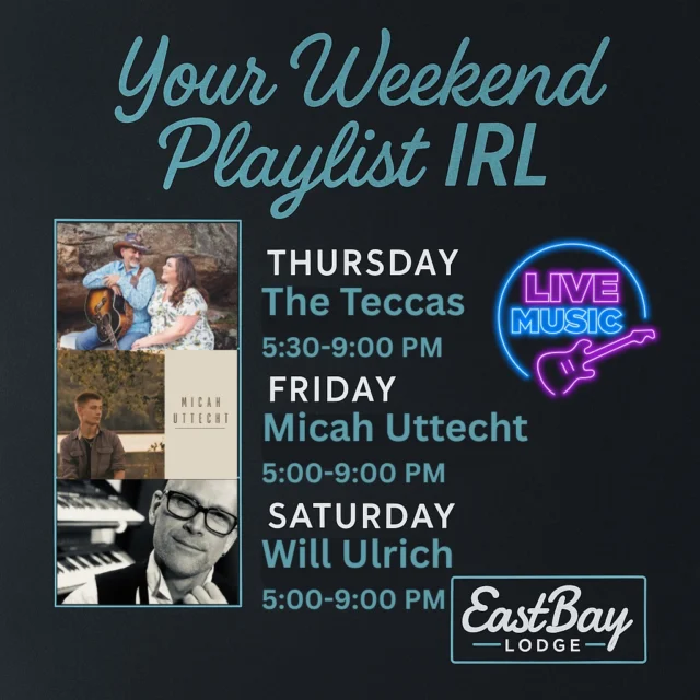 🎶 LIVE MUSIC MATTERS AT THE BAY 🎶

Eastbay Lodge isn’t just a place to eat and drink.
We’re a stage. A listening room. A home for artists who show up — even in winter — to bring something real to our community.

This week, we’re putting that commitment front and center.

🔥 THURSDAY | #54745 LOCALS NIGHT
📍 Sports Lounge • By the Fireplace

THE TECCAS
Rare. Powerful. Worth the drive.

They don’t play this area often.
They don’t come through in winter.
When they do — locals show up early.

High-energy country, big harmonies, Nashville-level talent.
Bundle up. Brave the roads. Don’t miss this one.

🥩🎹 FRIDAY | 5–9 PM | SUPPER CLUB
Micah Uttecht

Candlelight. Prime rib. Smoked Old Fashioneds.
Micah on piano turning dinner into an experience.

Award-winning, Chippewa Valley born, and pure supper club soul.
Not background music — part of the flavor.

🎶 SATURDAY | 5–9 PM | SUPPER CLUB
Will Ulrich

No tracks. No machines. Just timeless music done right.
Piano. Guitar. Voice. Feel.

This is what live music is supposed to sound like.

At Eastbay, we support the artists who bring talent to the Bay — and the nights that make you stay a little longer.

🎟️ Reservations strongly encouraged
👉 https://www.eastbayholcombe.com/reservations/

Show up. Support live music. Support the Bay.
