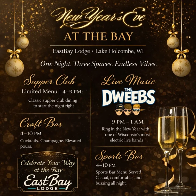 ✨ New Year’s Eve at EastBay Lodge ✨

New Year’s Eve at the Bay is designed the way celebrations used to be—
unhurried, elevated, and unforgettable.

The evening begins in our Supper Club, where a curated New Year’s Eve menu is served from 4–9 PM. Classic supper club favorites, a full salad bar, scratch soups, craft cocktails, and the kind of atmosphere that invites you to linger just a little longer.

As the night unfolds, the energy shifts.

At 9 PM, The Dweebs take the stage and carry us into the New Year. Big sound. Big personality. A live show that turns the room electric and makes midnight feel exactly like it should.

Our Craft Bar and Sports Bar remain open throughout the evening, offering different ways to celebrate—whether you’re dressed for the dance floor or just settling in with friends and champagne.

This is New Year’s Eve, Eastbay style.
Refined. Lively. Worth the drive.

✨ Reservations are strongly suggested ✨
Secure your table now:
👉 https://www.eastbayholcombe.com/reservations/

Dress code? Never.
Memories? Guaranteed. 🥂