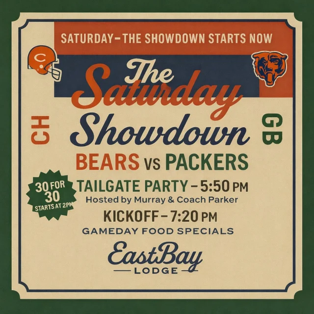 🏈 IT’S GAME DAY AT THE BAY.

(Barb speaking. Yes, again.)

Well look at that.
It’s Packers vs Bears and suddenly everyone’s a football expert.

Next door, the Supper Club is rolling along —
steaks sizzling, fancy cocktails shaking, people saying things like
“Oh wow, that’s smooth.”
Wonderful. I’m thrilled for you.

Meanwhile, over here in the Sports Bar,
Coach Parker is hosting the tailgate party at 5:50 PM,
Kickoff hits 7:20 PM,
and grown adults will be screaming at televisions, wearing cheese hats,
and accepting free drinks and prizes like they’ve earned them.

Who do you think cleans up after that?

Correct.
Me.

So from 5–7 PM, while everyone else is busy acting feral,
I’ll be running BARB’S MEAT RAFFLE.

I’m prepping the meat.
I’m selling the tickets.
I’m listening to everyone tell me how this is our year.
And no — you are not sacking me today. Try someone else.

Game day food specials will be rolling.
Prizes will be handed out.
The cheese hat people will get their free drinkers.
And I’ll be keeping this whole operation from collapsing.

You’re welcome.

Be here.
Bring cash.
Don’t ask questions.

— Barb 🥩🏈