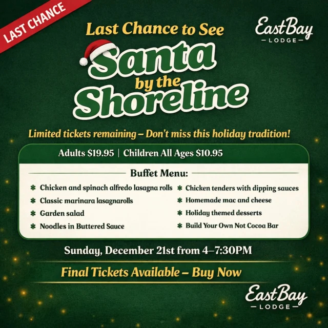 🎅 Last Call: Santa by the Shoreline
This Sunday at Eastbay Lodge

This is it — your final chance to join us for what’s quickly becoming a Lake Holcombe holiday tradition.

Santa is coming live and in person, bringing the magic for the young and the young at heart. One-on-one meet-and-greets, photos, music, food, and all the cozy Christmas energy you could want — all in one unforgettable evening.

What’s happening Sunday:

✨ Santa is in town
Personal visits for kids, plenty of photo opportunities, and memories that last.

🎶 Live holiday music
Festive classics and jazz-inspired favorites performed live by Erin Krebs and the Jeff Johnson Duo — warm, joyful, and perfectly on theme.

🎄 Family workshops
Letters to Santa, cookie decorating, and ornament stations — hands-on fun for all ages.

❤️ Giving Tree
We’re collecting hats and mittens to give back to our community — bring one if you can.

🍽️ One-night-only holiday buffet
A festive buffet created just for this event.

☕ Build-Your-Own Cocoa Bar
Plus festive themed drinks and add-ons for 21+ at our cash-only bar.

This isn’t just dinner.
It’s not just Santa.
It’s a full evening of holiday magic by the shoreline.

🎟️ Final tickets are available now — and once they’re gone, they’re gone.
👉 Purchase tickets here:
https://www.eventbrite.com/e/santa-by-the-shoreline-at-eastbay-lodge-tickets-1852785674829?aff=oddtdtcreator

Santa by the Shoreline
Your last chance to make it part of your family’s holiday story.