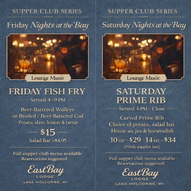 Christmas Eve feels like the perfect time to say this… 🤍

This weekend, let us take care of the cooking — so you can focus on what matters most.

The days around Christmas are meant for slowing down, gathering the people you love, and sharing a table without rushing. At Eastbay, that’s exactly what our Supper Club weekends are built for.

If you’re planning a Friday or Saturday night out, reservations are always encouraged:
👉 https://www.eastbayholcombe.com/reservations/

Friday | Fish Fry

Served 4–9 PM

Beer-battered walleye or broiled / beer-battered cod
Served with potato, slaw, lemon & tartar
$15
Salad Bar + $4.95

Friday evening will be wrapped in classic Supper Club ambiance, with live background music from Micah Uttecht from 5–9 PM — the kind of sound that sets the room without ever stealing the moment.

Saturday | Prime Rib

Served 4 PM–Close (while supplies last)

Carved prime rib with choice of potato, salad bar, house au jus & horseradish
10 oz – $29
14 oz – $34

Saturday night brings the rare magic of Cole Thomas from 5–9 PM, creating that unmistakable Supper Club feel — rich, relaxed, and quietly special.

Both nights feature:

Our full Supper Club menu

Sports Bar menu served daily

The Craft Cocktail Lounge pouring seasonal cocktails

Charcuterie boards, premium wines, and unhurried conversation

It’s not about a big night out.
It’s about a good meal, good music, and time spent together — without the dishes waiting at home.

If this weekend feels like the right moment to gather, we’d love to have you.
👉 https://www.eastbayholcombe.com/reservations/

From all of us at Eastbay, wishing you a peaceful Christmas Eve and a weekend filled with the people who matter most. 🤍