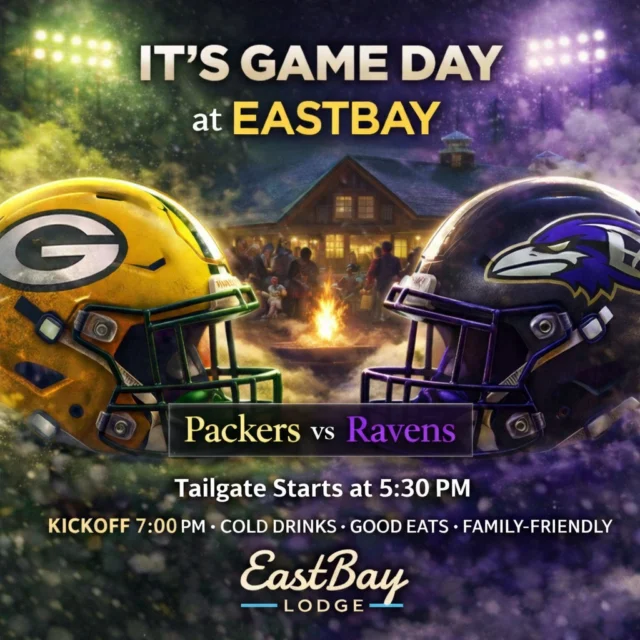 It’s game day. And this is one to show up for.

Tonight, our Packers take the field — and the Bay is where the energy belongs.

🏈 Tailgate starts at 5:30 PM
Hosted by Coach Parker, with games, laughs, tailgate boards, and yes… the cheese hat is ready.

⏱️ Kickoff at 7:00 PM

Our family-friendly Sports Bar will be buzzing all night with game-day vibes, cold drinks, sports bar specials, and swag giveaways that actually matter — every single quarter. Stay engaged. Stay loud. Get rewarded.

And if you’re looking for a different pace?
Next door, the Supper Club and Craft Bar are open in a universe all their own — warm, relaxed, and perfect for settling in while the game plays on.

However you watch it — this is the place to be for it.
Grab your crew. Show up early. Let’s cheer them on together.

Go Pack Go. 🧀🏈