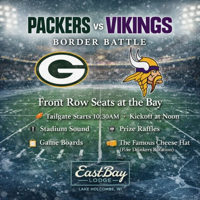 This Sunday, the border battle comes to the Bay. 🧀⚔️

The Green Bay Packers take on the Minnesota Vikings — and you don’t need a ticket to US Bank Stadium when you’ve got front row seats at Eastbay.

We’re bringing the full game-day experience:
🔊 Stadium sound
🎟️ Prize raffles
📋 Game boards
🧢 The famous cheese hat (free drinkers rotation)

🍻 Tailgate starts at 10:30 AM
🏈 Kickoff at Noon

Whether you’re green and gold, purple and proud, or just here for the chaos — this is where the game belongs.

Cold outside. Electric inside.
See you at the Bay.