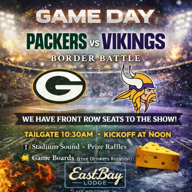 GAME DAY AT THE BAY. 🏈🔥

Packers vs. Vikings.
Border battle.
Front row seats.

🍻 Tailgate starts at 10:30 AM
🏈 Kickoff at Noon
🔊 Stadium sound
🎟️ Prize raffles
📋 Game boards
🧢 Yes — the cheese hat is ready.

If you’re watching this game anywhere else… that’s a choice.
We’ll be here doing it right.

Doors open. Screens on.
Let’s go.