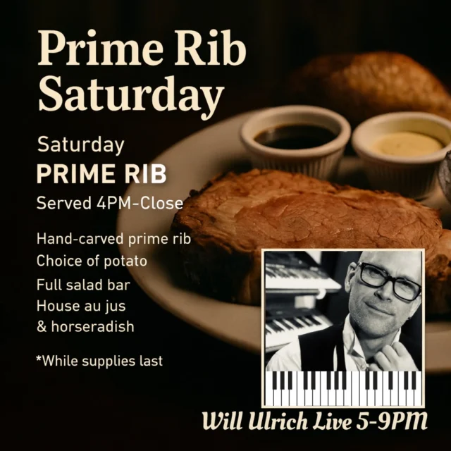🥩 PRIME RIB SATURDAY is coming.
And yes — now is the time to make the reservation.

This Saturday at Eastbay Lodge, we’re carving Ranch Brand prime rib, served the way a proper supper club should — unhurried, generous, and done right.

Saturday
PRIME RIB
Served 4PM–Close

Carved Ranch Brand prime rib with:
• Choice of potato
• Full salad bar
• House au jus & horseradish
(While supplies last)

10oz — $29
14oz — $34

🎶 In the Supper Club: Will Ulrich live from 5–9PM
Warm, familiar music that belongs in a room like this — and pairs perfectly with a great cut of beef.

Prime Rib Saturdays fill up quickly.
Reservations are strongly encouraged.

👉 Reserve your table here:
https://www.eastbayholcombe.com/reservations/

Classic supper club. Ranch Brand quality.
We’ll have the knives ready.