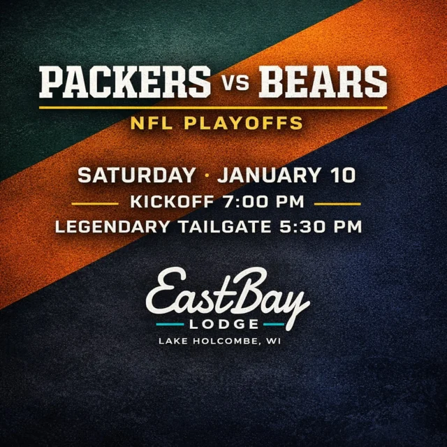 This one matters.

Packers. Bears.
NFL Playoffs.
Saturday night football with everything on the line.

This isn’t a “check the score later” game — this is a show up, grab a seat, and feel it kind of night.

We’re hosting the Legendary Eastbay Tailgate starting at 5:30 PM, leading straight into kickoff at 7:00 PM.
Expect game day specials, boards, raffles, prizes, and actual cool swag — including free drinkers hats every score.

If you’re going to watch this game anywhere, watch it here.
Be part of the noise.
Be part of the energy.
Best seats on the lake.

📍 EastBay Lodge | Lake Holcombe, WI
🏈 Packers vs Bears · NFL Playoffs
⏰ Tailgate 5:30 PM | Kickoff 7:00 PM
